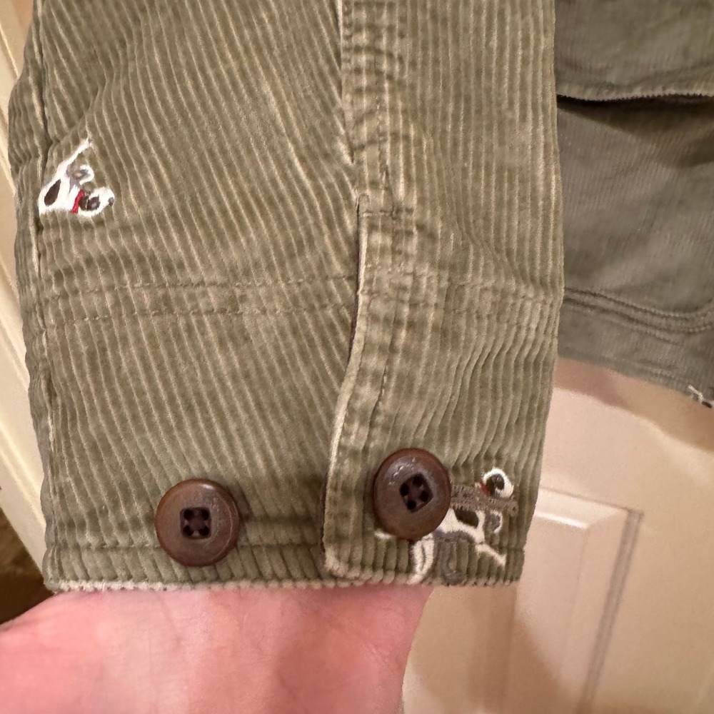 LL Bean Barn Jacket Womens M Green Corduroy Embroidered Dog Field Coat Read - Picture 4 of 8